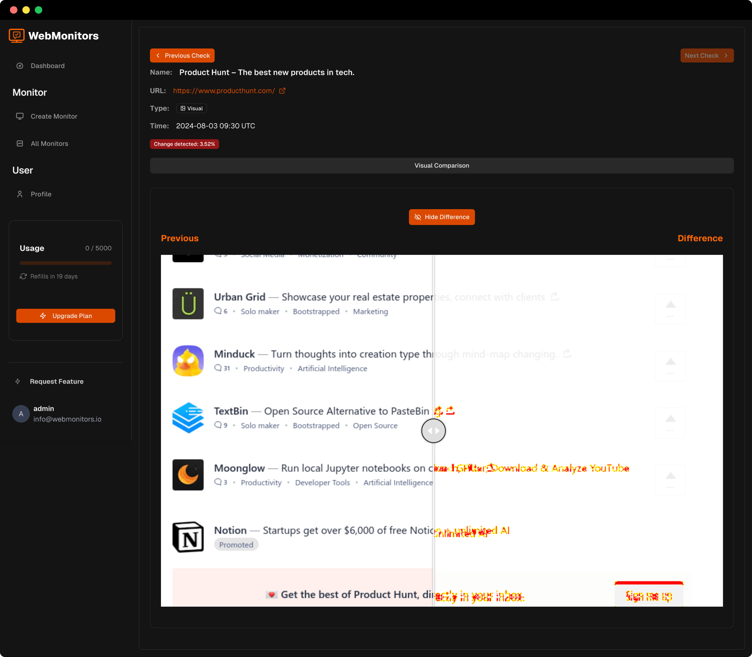 WebMonitors visual change detection interface